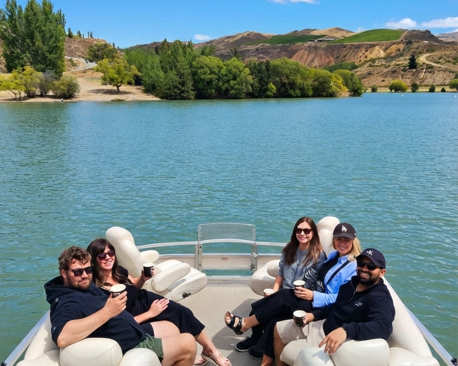 Group of people on a boat in a scenic lake with mountains in the background