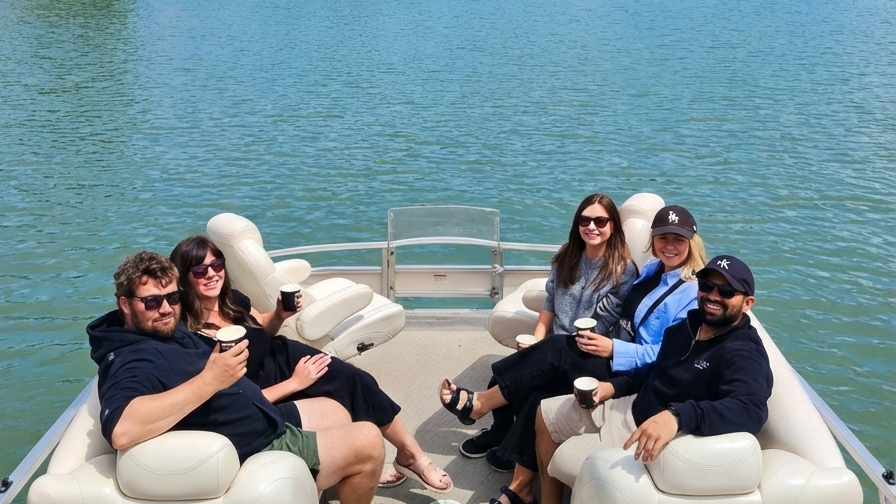 Group of people enjoying a sunny boat tour with Cromwell Winery Cruises on a scenic waterway.